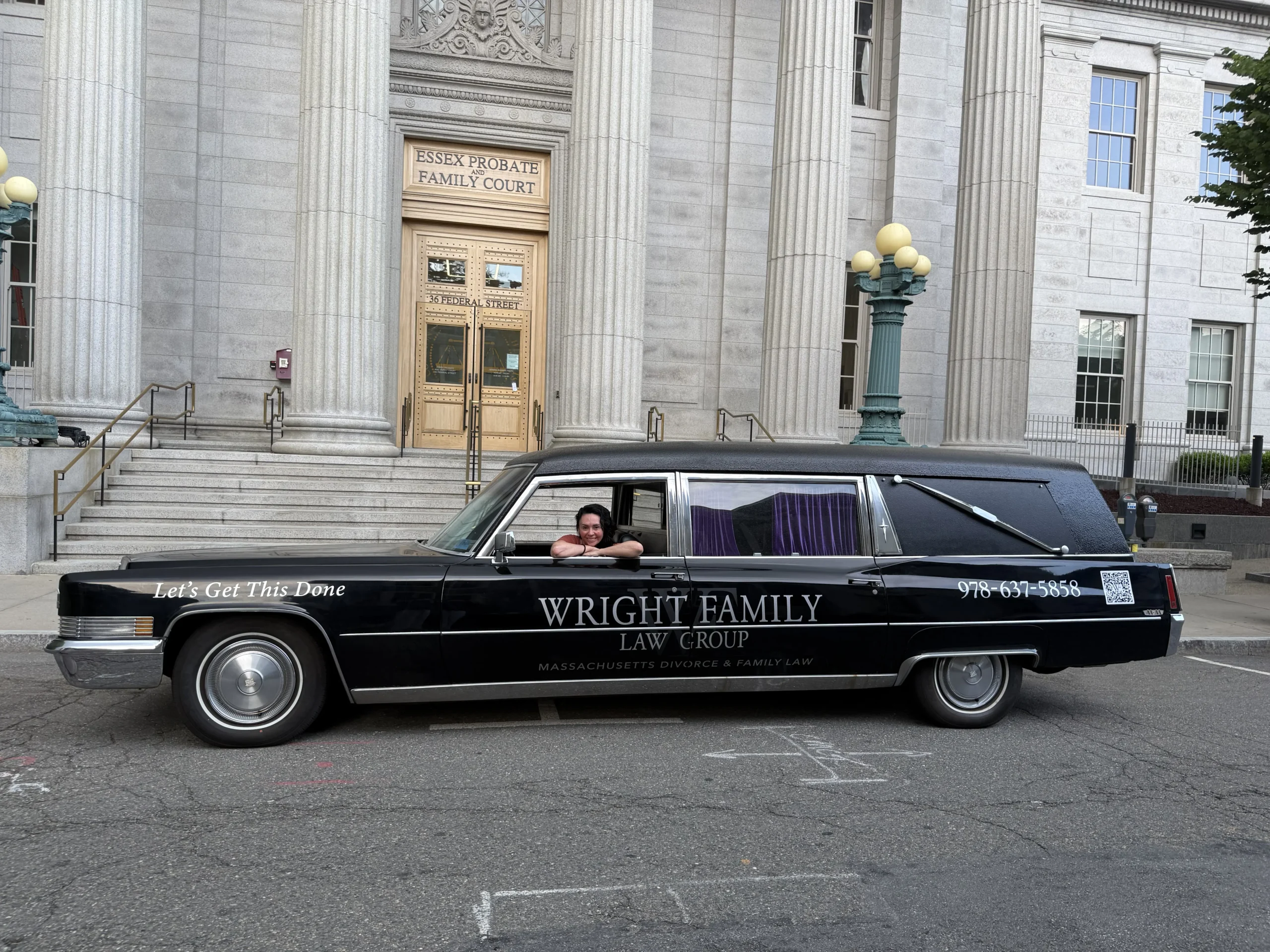 Morticia the hearse parked at Essex Probate & Family Court